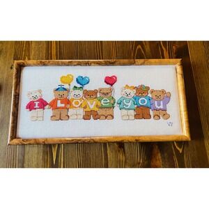 Handmade Cross Stitch Bears I Love You Framed Wall Art Vintage Nursery Art